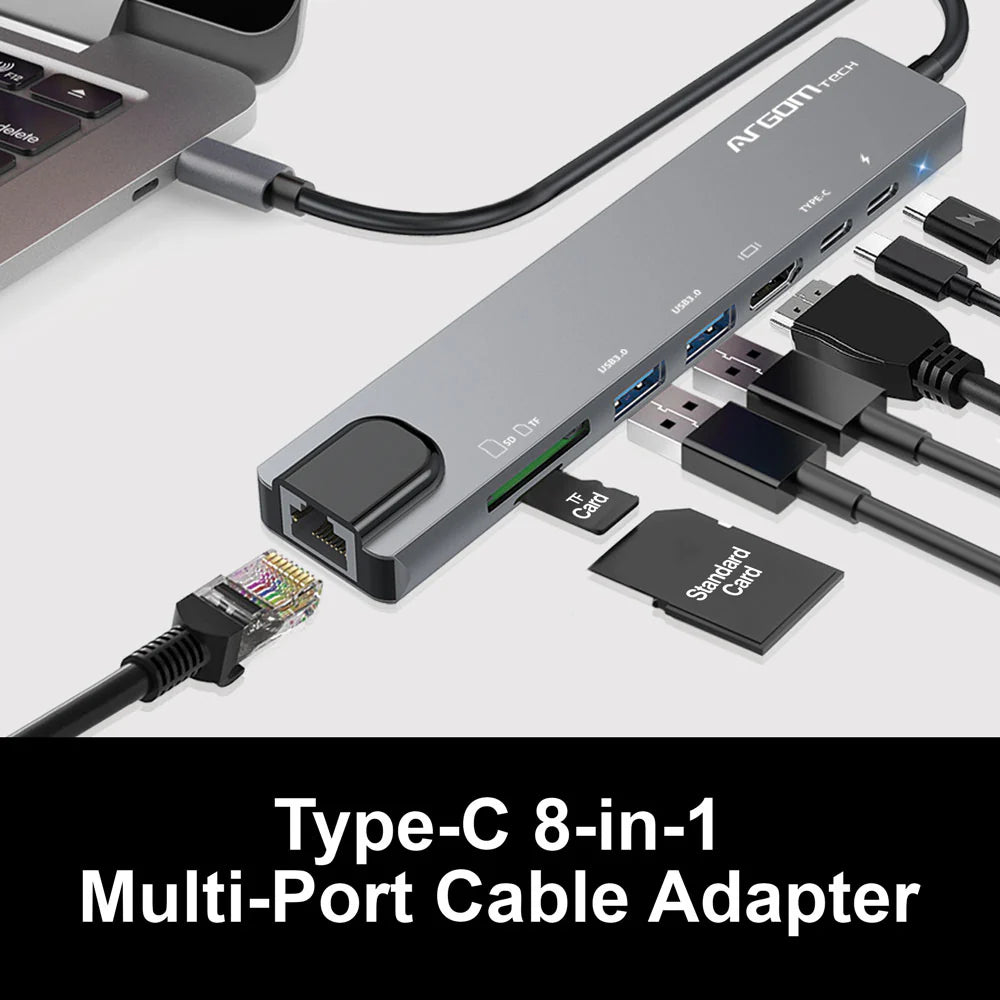 Argom One Axess Hub 8 en 1 PD 100W, TYPE C Data, HDMI 4K, 2X USB 3.0, CARD Reader, RJ45 Gigabit
