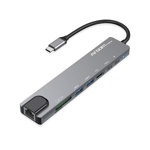 Argom One Axess Hub 8 en 1 PD 100W, TYPE C Data, HDMI 4K, 2X USB 3.0, CARD Reader, RJ45 Gigabit