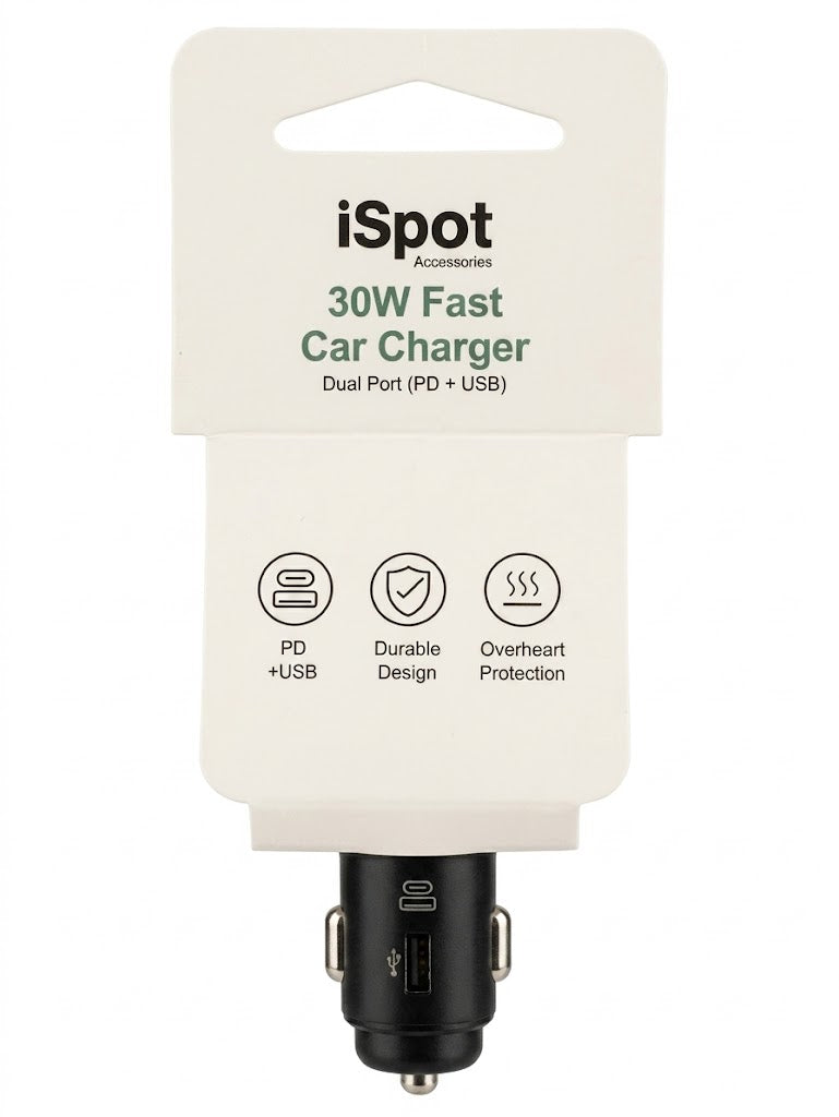 iSpot Cargador de carro 30W USB-C / USB